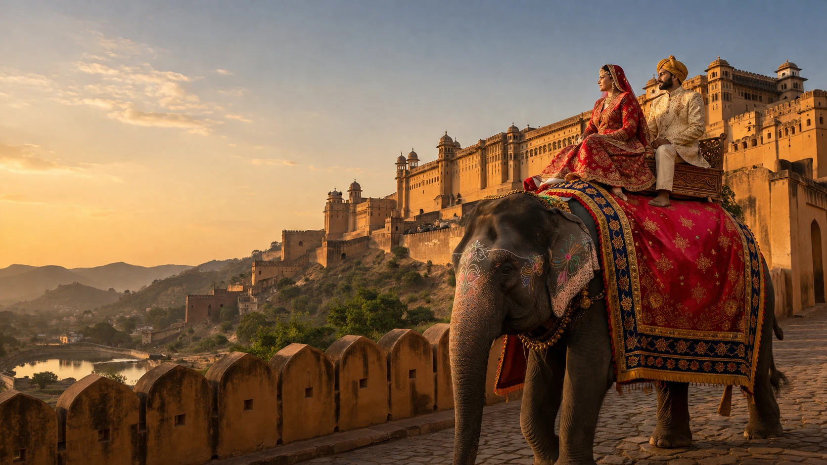 Royal couple riding a decorated wedding elephant past Amber Fort, Jaipur